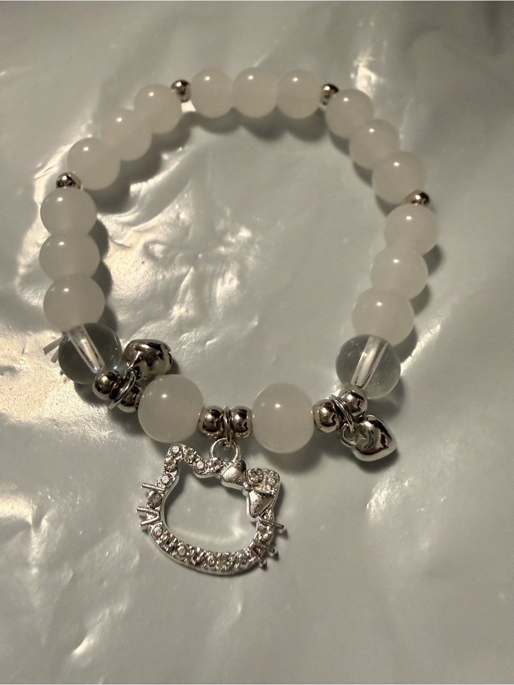 White Beaded Charm Bracelet with Silver Hello Kitty Pendant